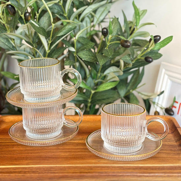 طقم فناجين شاي ونسكافيه شفاف محزز