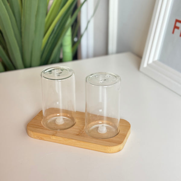 طقم ممالح زجاجيه وستاند خشب بامبو 🧂