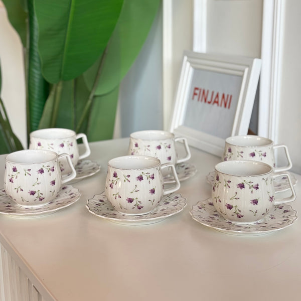 طقم فناجين شاي ونسكافيه مورد بنفسجي